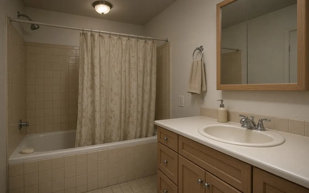 AI-generated image: dated bathroom before remodel