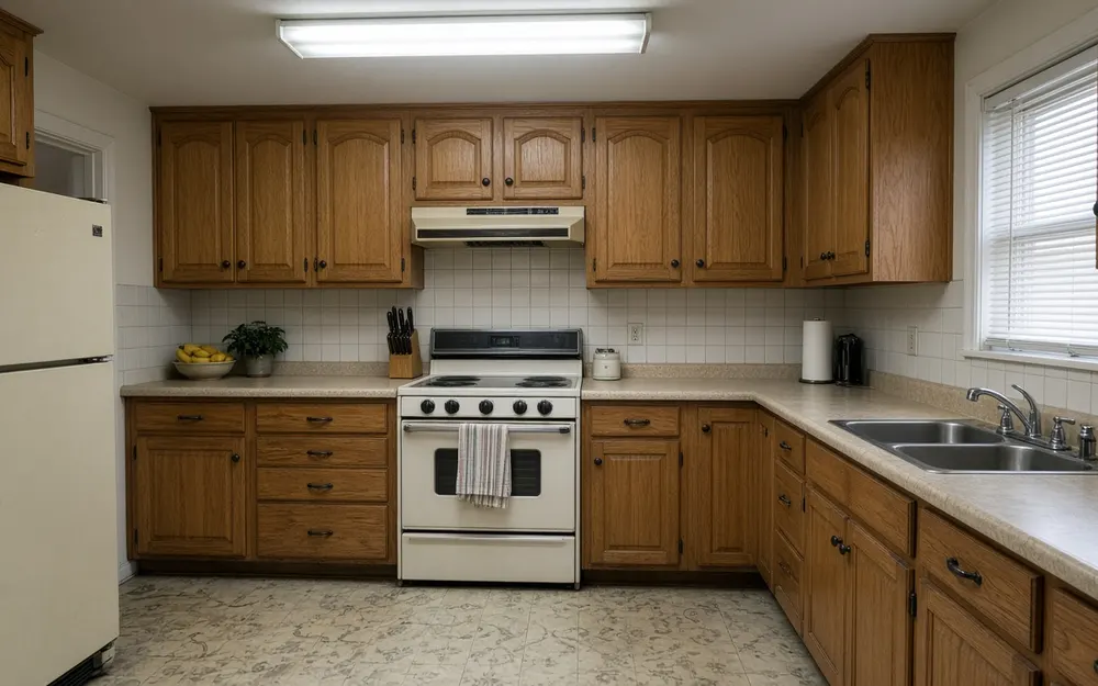 AI-generated image: dated kitchen before remodel