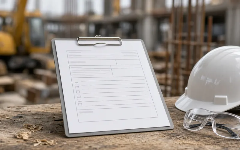 AI-generated image: a clipboard with a form next to a hard hat and safety glasses