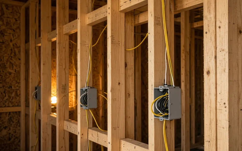 AI-generated image: open wall framing with electrical boxes and wiring before drywall